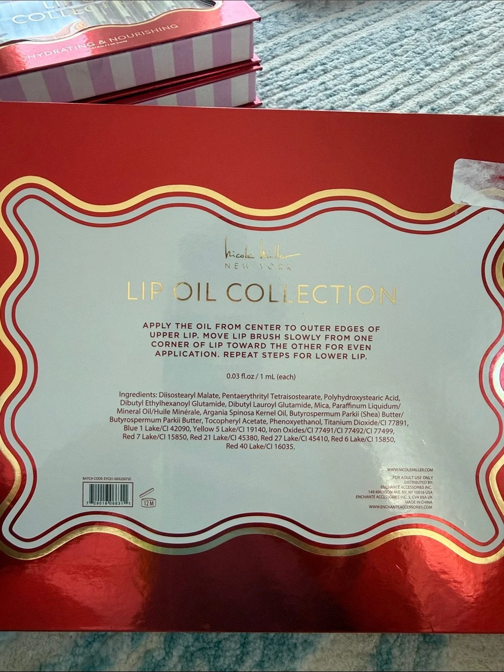 NIB 20-piece Nicole Miller Lip Oil Collection - Red Packaging with Gold Caps